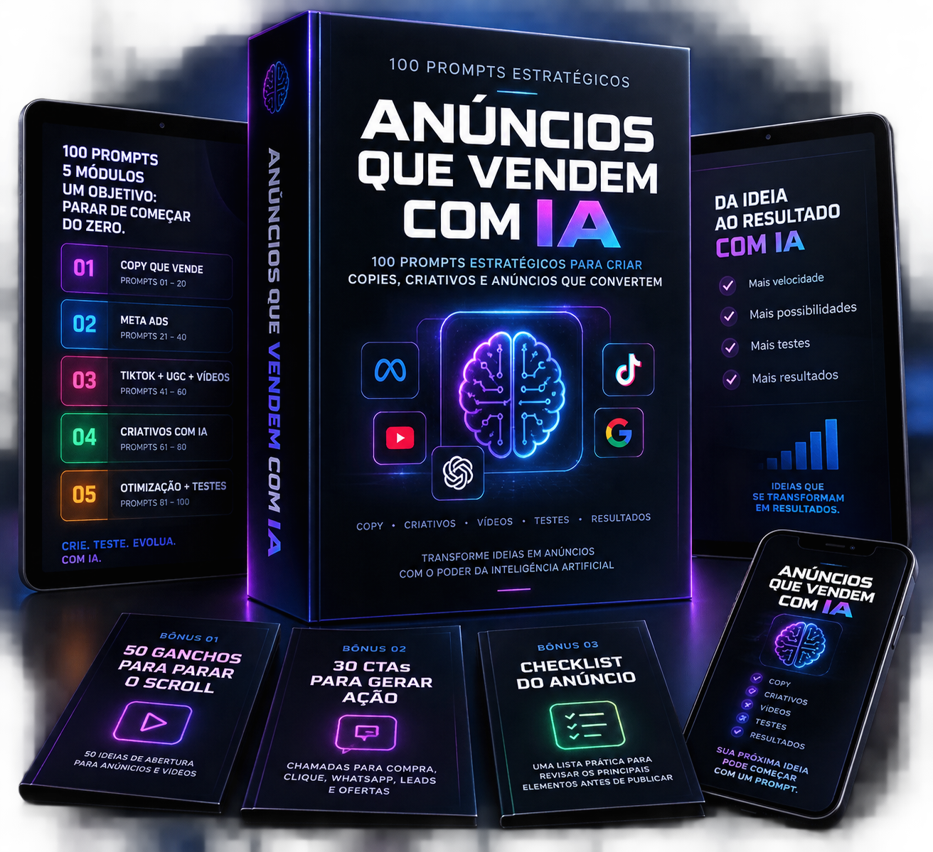 Mockup oficial do produto Anúncios que Vendem com IA com 100 prompts, cinco módulos e três bônus